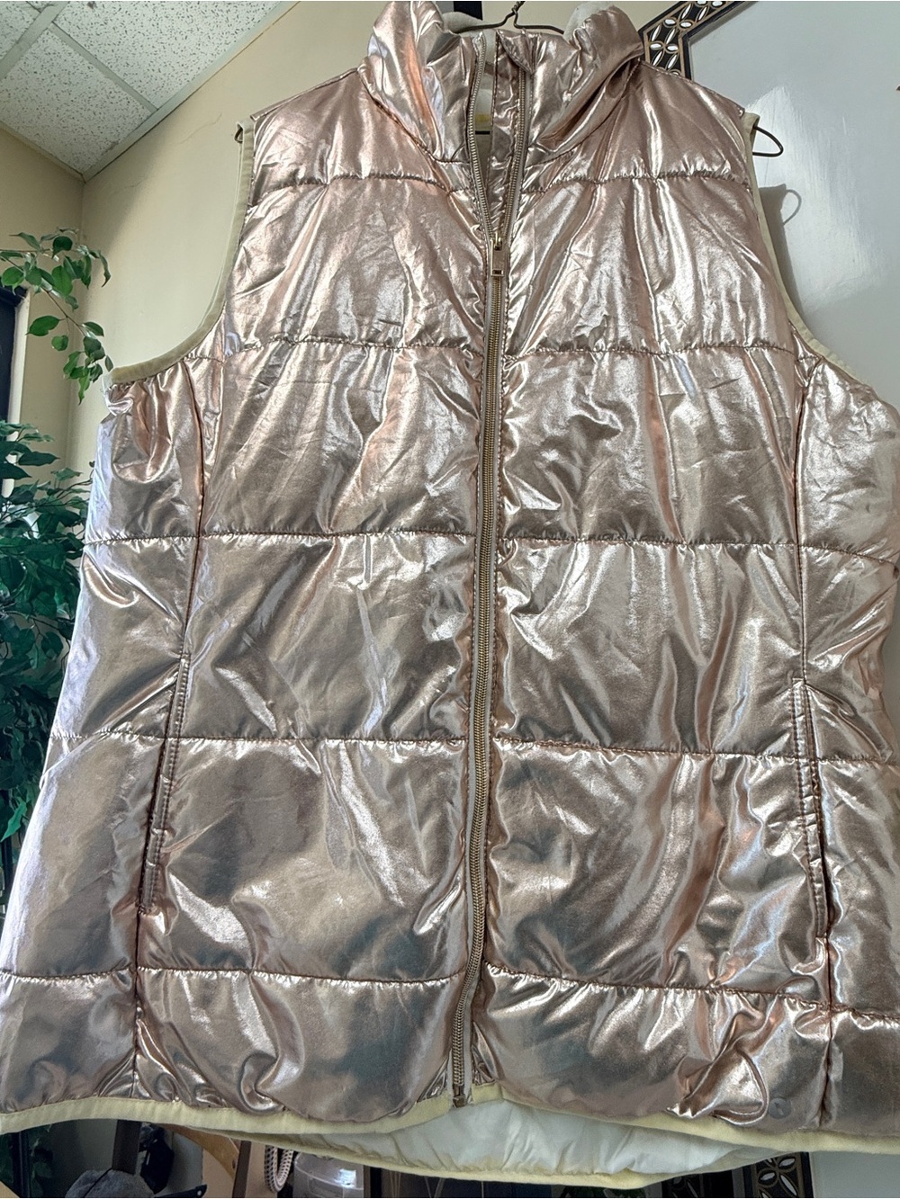 Xersion Metallic Rose Gold Puffer Vest - Shiny Sleeveless Jacket